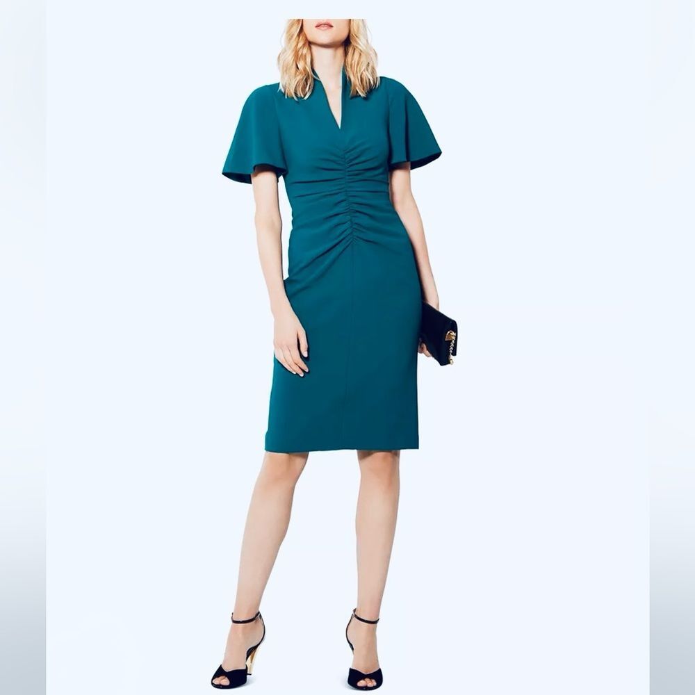 KAREN MILLEN Ruched V-Neck Pencil Dress in Teal 4